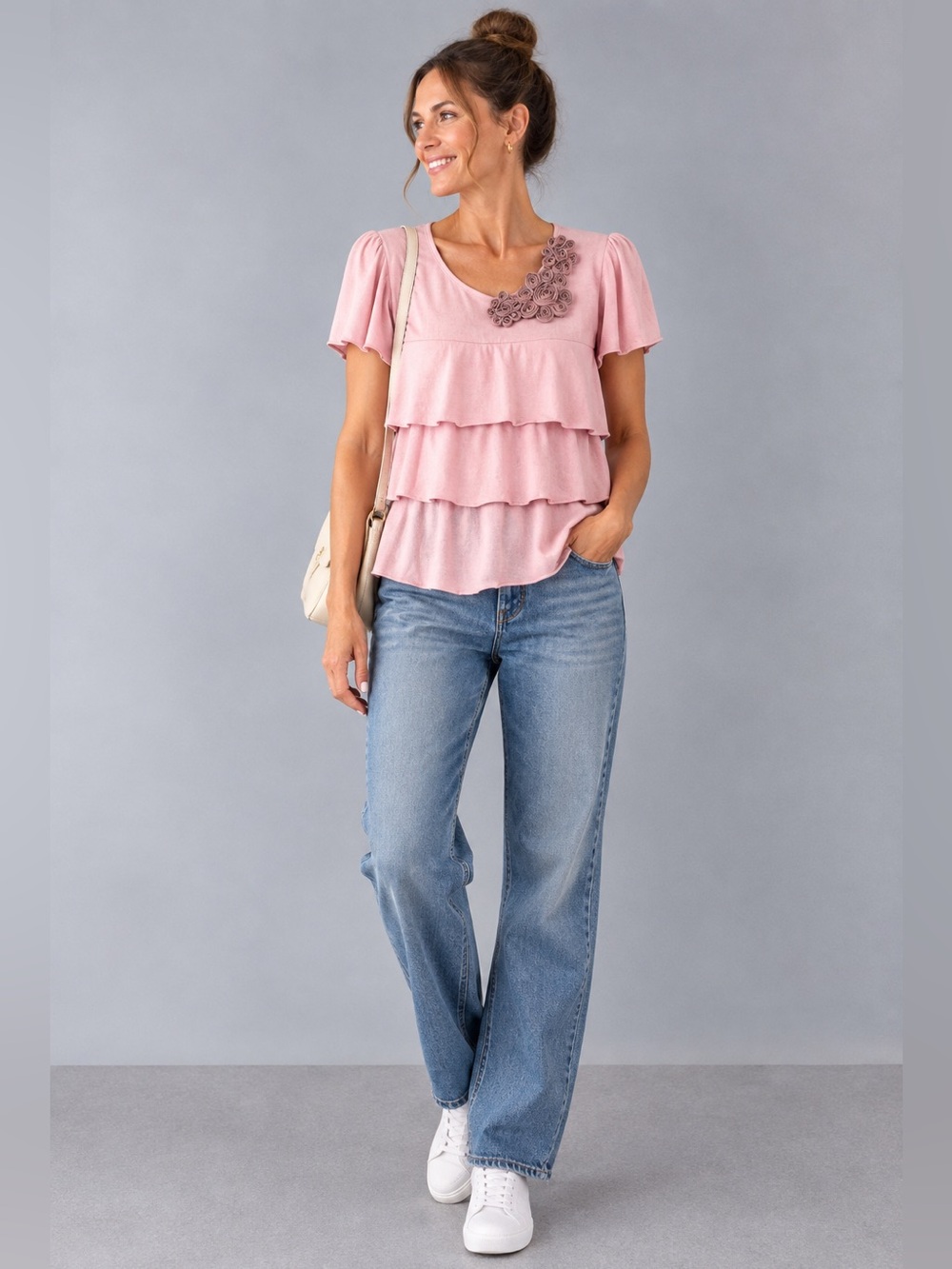 Agenda M Pastel Pink T-Shirt Embroidered Rosettes Tiered Ruffled Woman’s Size M